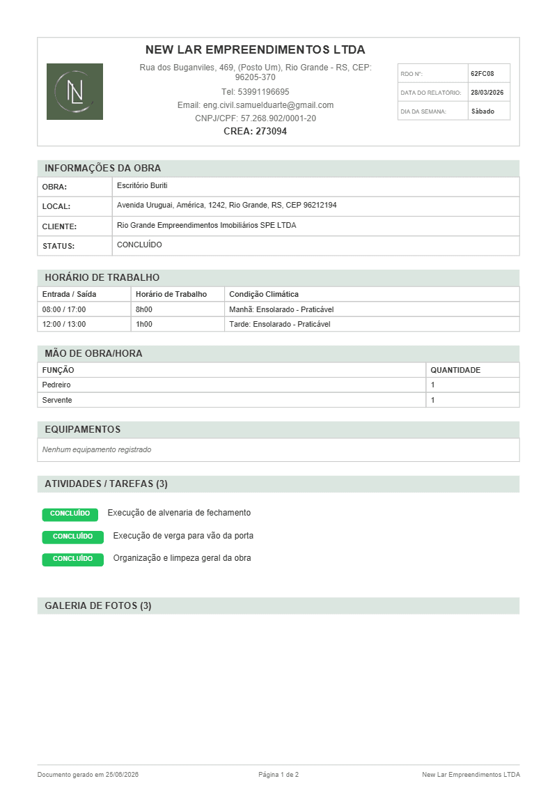Exemplo de relatório de diário de obra em PDF gerado pelo ObraPlanner
